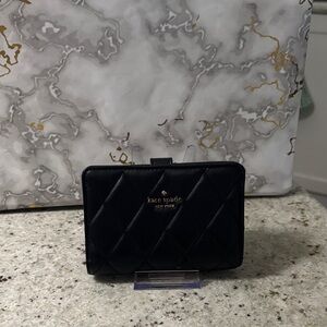 kate spade Black Quilted Leather Compact Wallet with Gold Logo